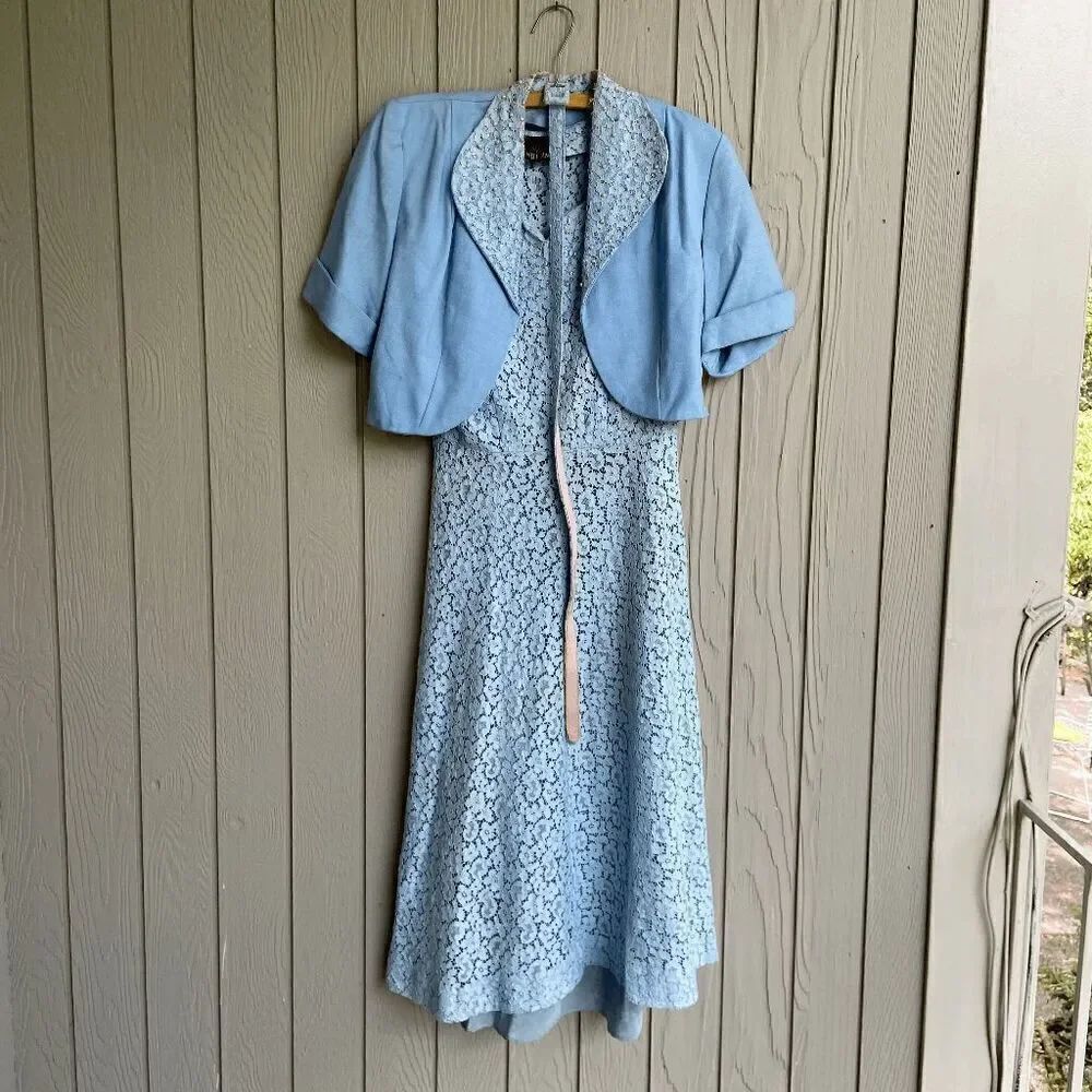 Authentic 1940s/1950s 4-piece Dusty Blue Lace Dress Set Bolero Jacket - SZ M